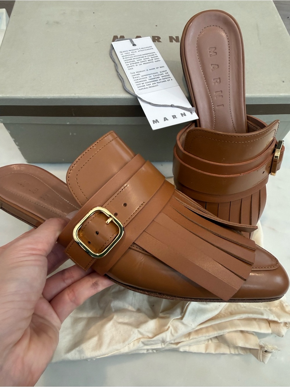 Marni Brown Leather Fringe Mule with Gold Buckle - Picture 2 of 5